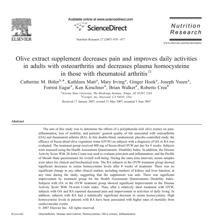 Olive extract supplement decreases pain and improves daily activities in adults with osteoarthritis and decreases plasma homocysteine in those with rheumatoid arthritis