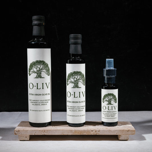 O-Liv high-phenolic Greek olive oil - all three bottle sizes side by side: 500ml, 250ml, and 100ml